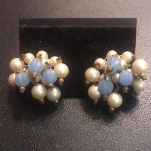 VINTAGE PEARL & BLUE BEAD EARRINGS
